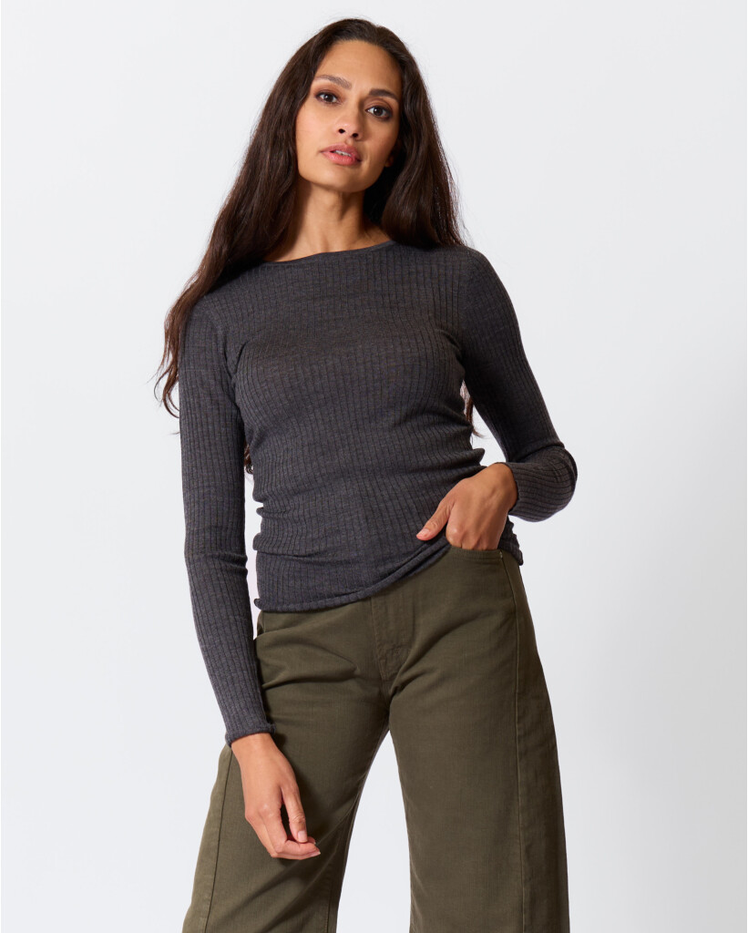 Merino Rib Trui Antraciet Melange