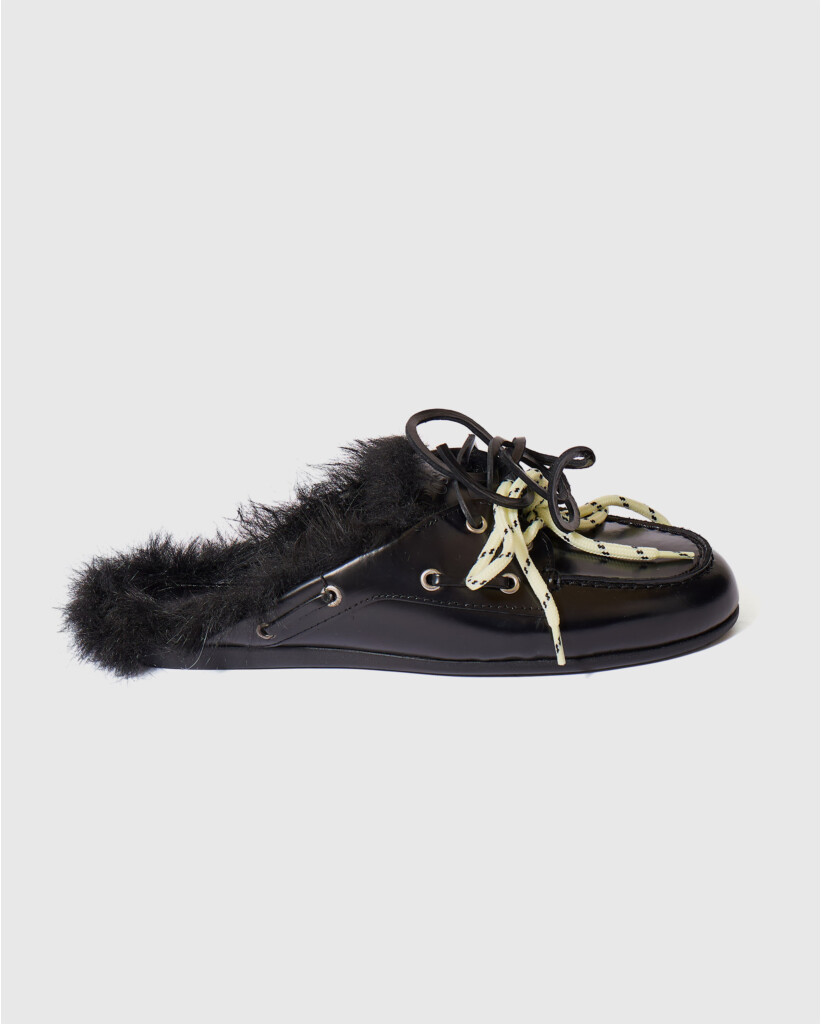 Boat Loafer Mule Fur Soft Leather Zwart