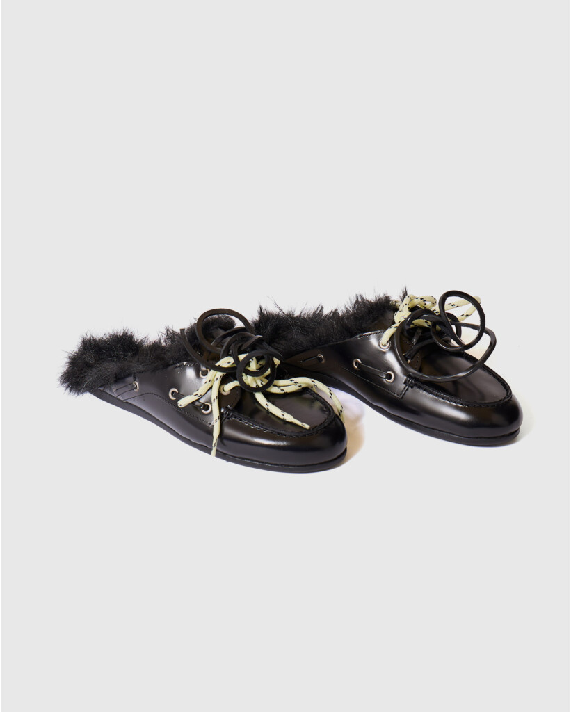 Boat Loafer Mule Fur Soft Leather Zwart