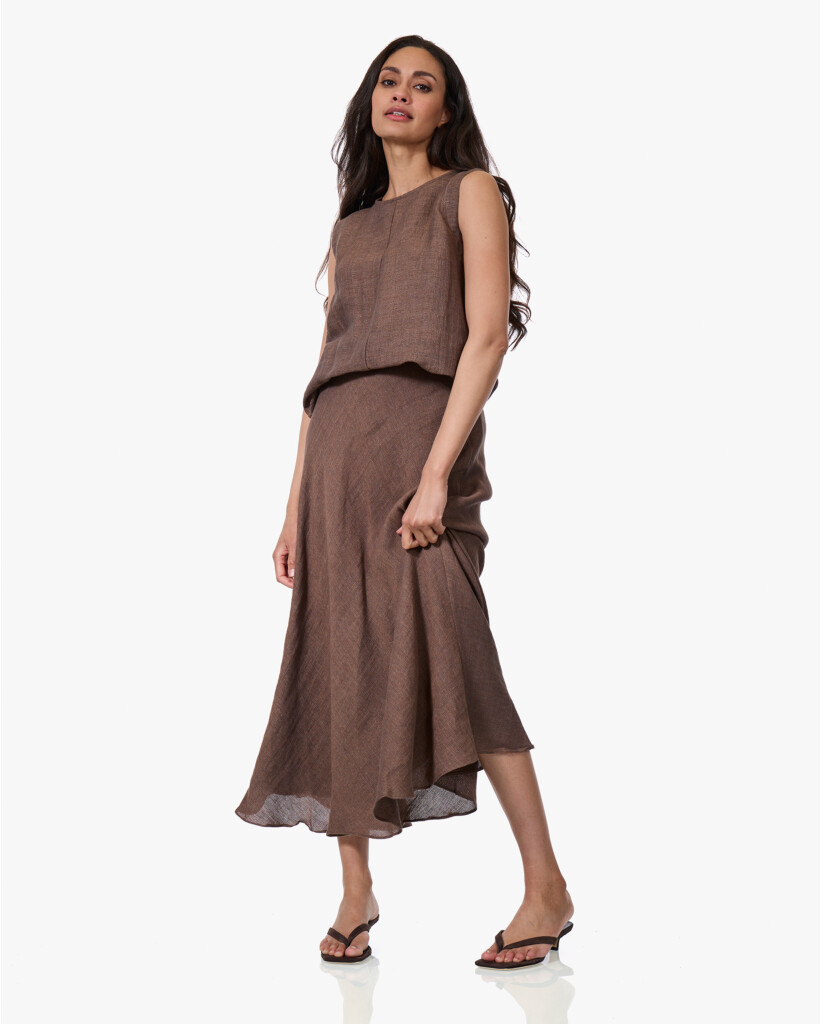 Linnenmix Midi Rok Camel