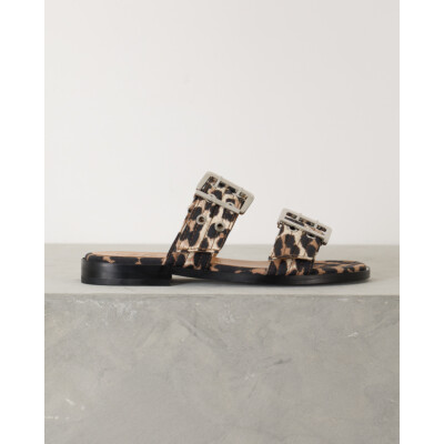 Ganni Leopard Denim Buckle Two-Strap Sandals