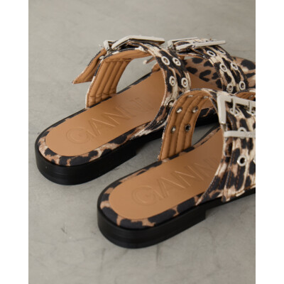 Ganni Leopard Denim Buckle Two-Strap Sandals