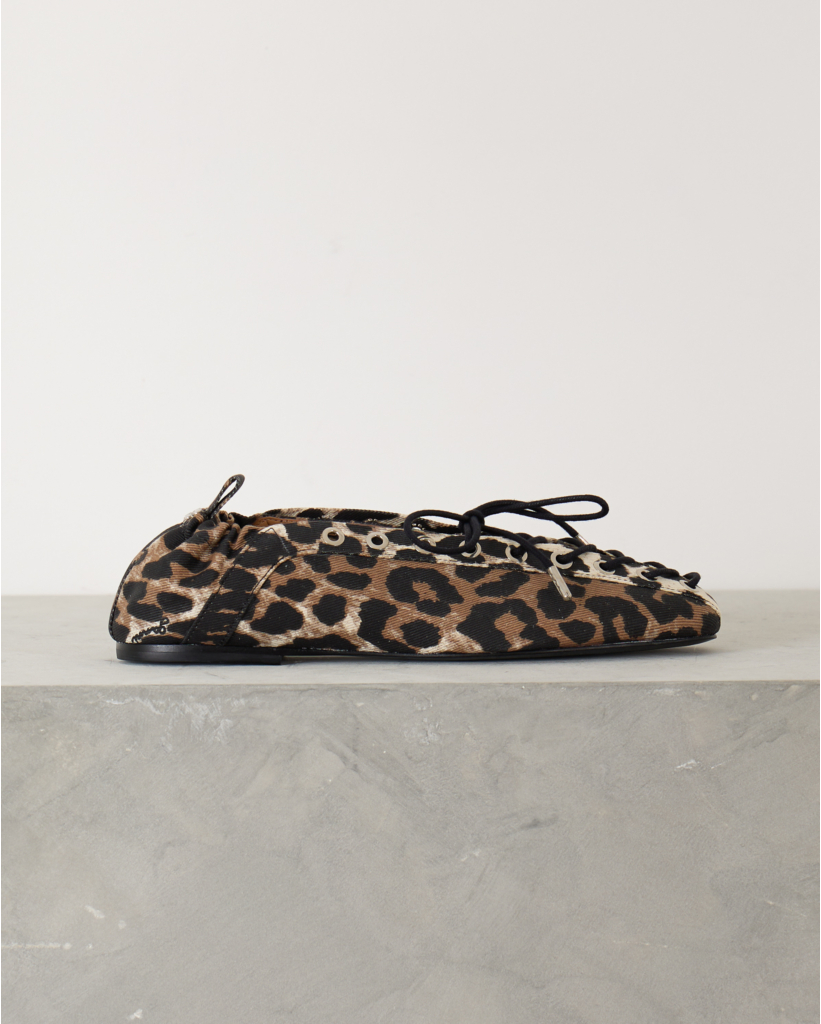 Leopard Printed Denim Lace-Up Ballerinas