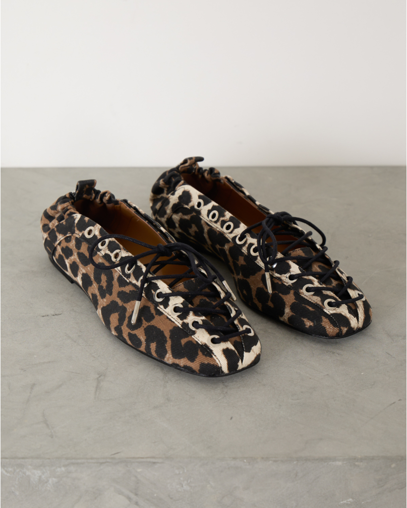 Leopard Printed Denim Lace-Up Ballerinas