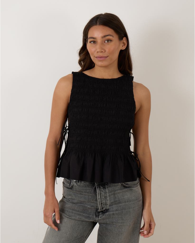 Black Cotton Smock Tie Top