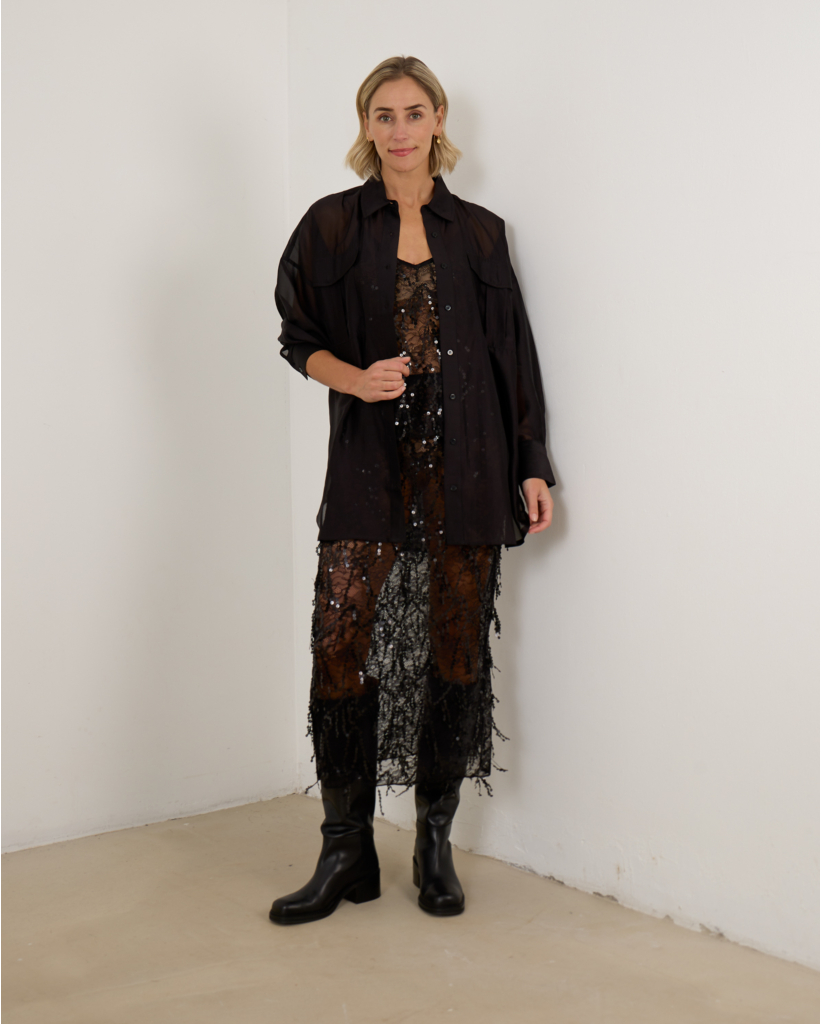 Midi Rok Sequine Sheer Zwart