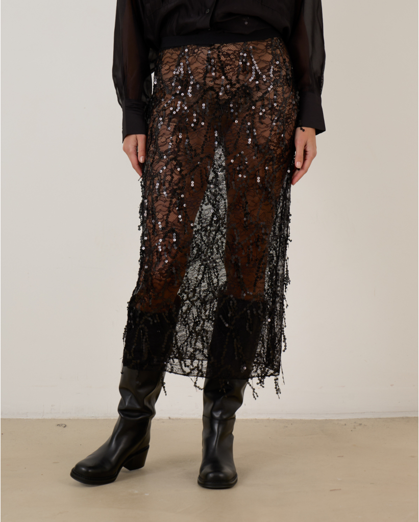 Midi Rok Sequine Sheer Zwart