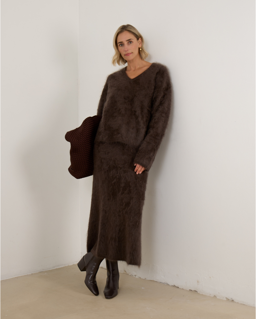 Rok midi wijd wood brushed