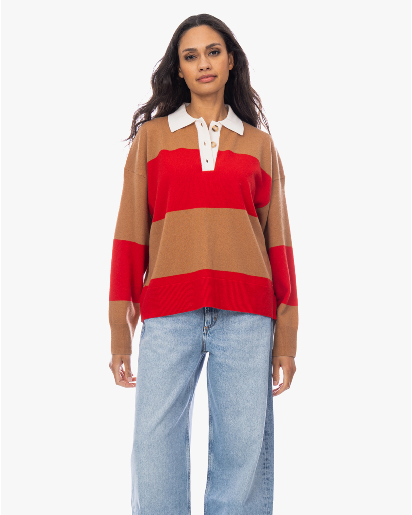 Braxton Wollen Polo Sweater Gestreept Rood Bruin