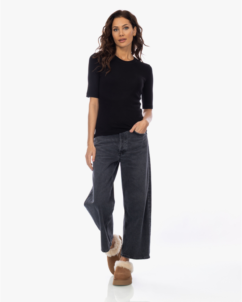 Rib T-shirt met Halflange Mouw Zwart