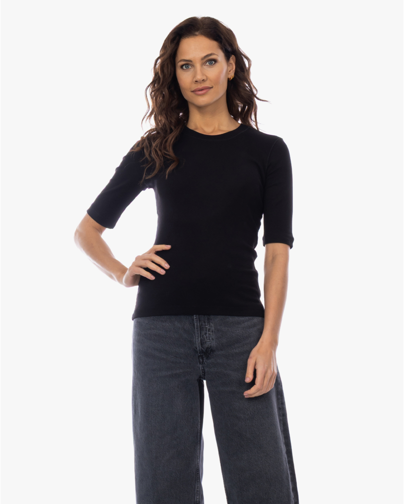 Rib T-shirt met Halflange Mouw Zwart