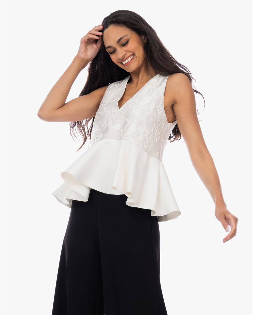 Satin Cloque Peplum Top Egret
