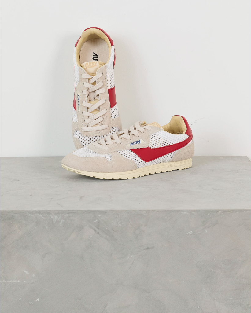 Windspin Sneakers in Wit/Zand en Rood Mesh met Leer