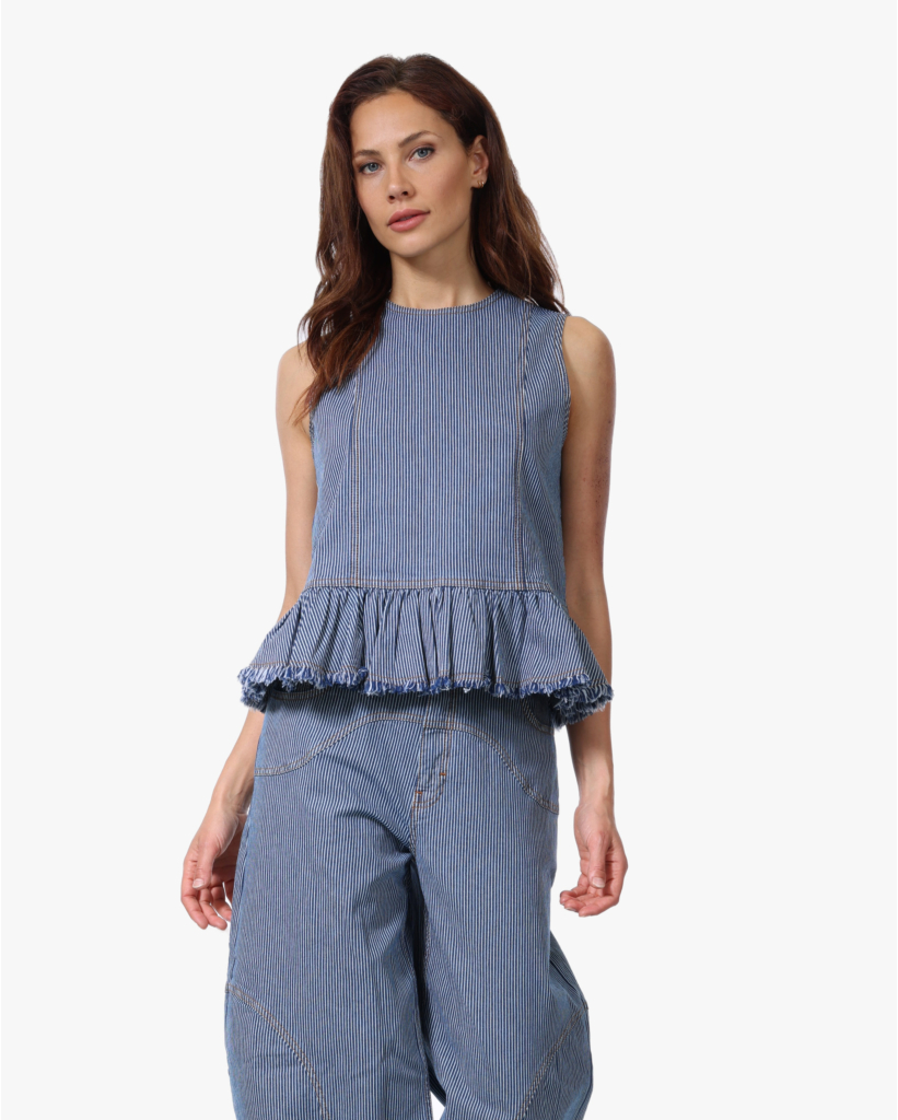 Madinel Mouwloze Peplum Top Denim Stripe