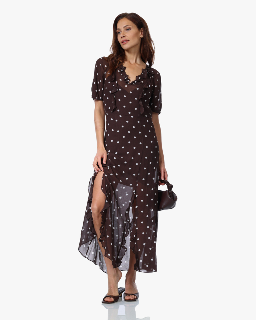 Alara Polkadot Midi Jurk Bruin/Ecru
