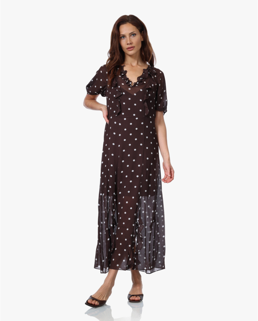 Alara Polkadot Midi Jurk Bruin/Ecru