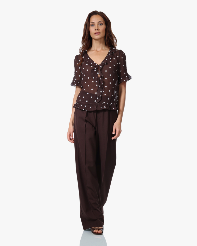 Madicen Polkadot Blouse met Ruffles Bruin/Ecru