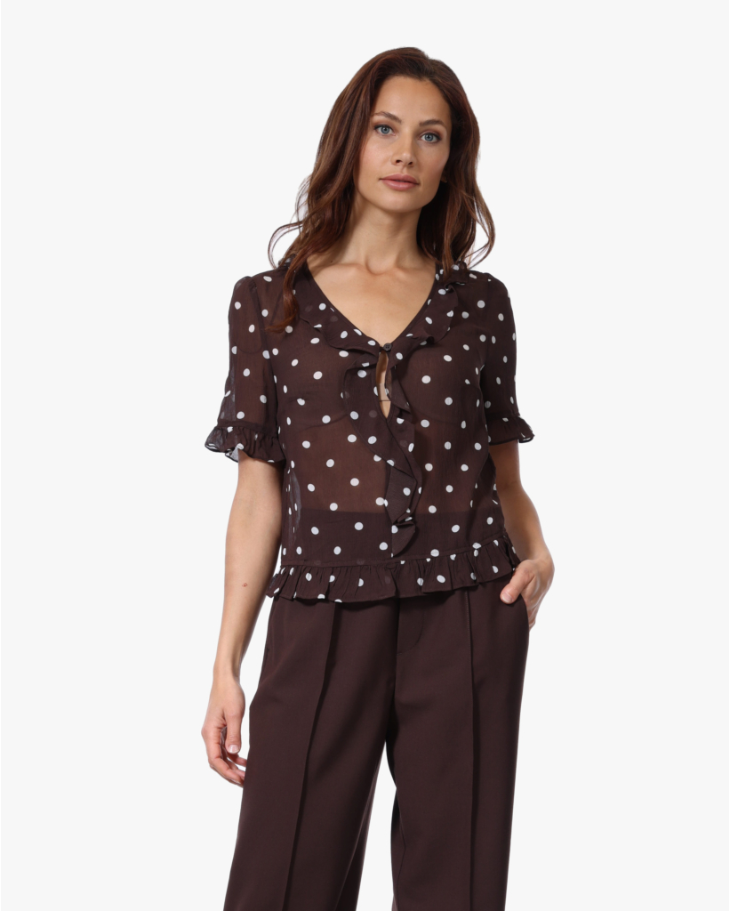 Madicen Polkadot Blouse met Ruffles Bruin/Ecru