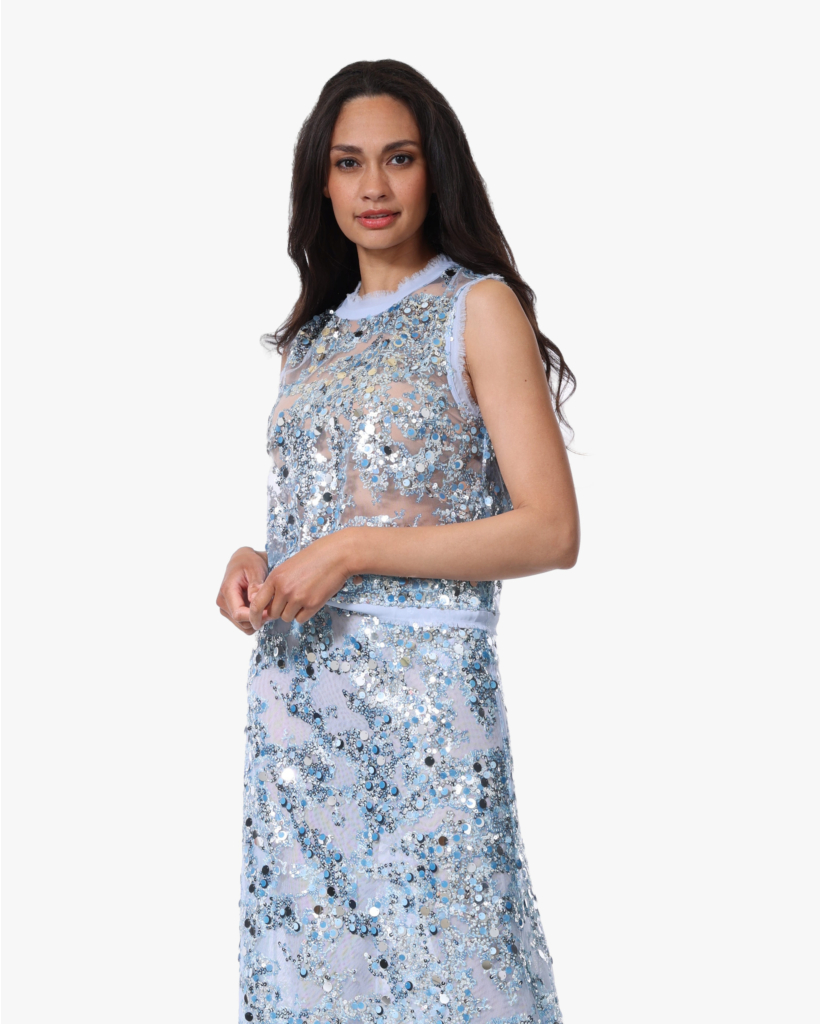 Manira Mesh Top met Pailletten Kentucky Blue
