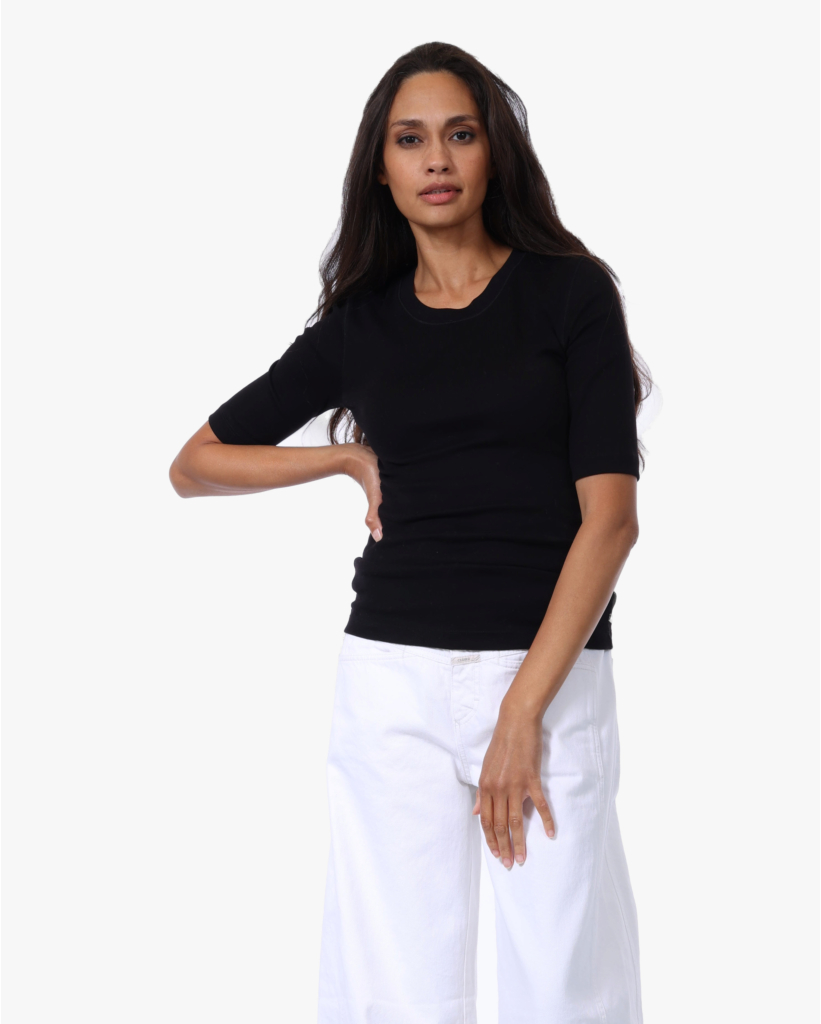 Rib T-shirt met Halflange Mouw Zwart