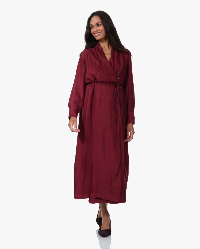 Glanzende Midi Jurk met Ceintuur Burgundy