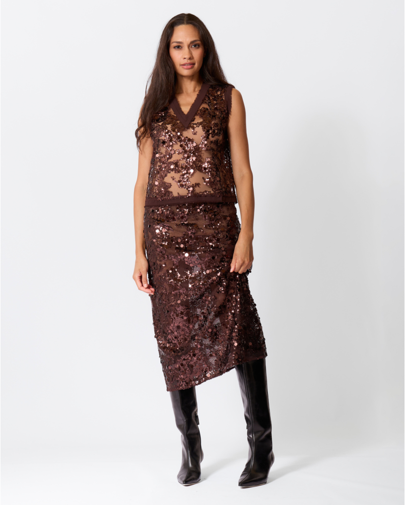 Shania Mesh Rok met Pailletten Coffee Bean