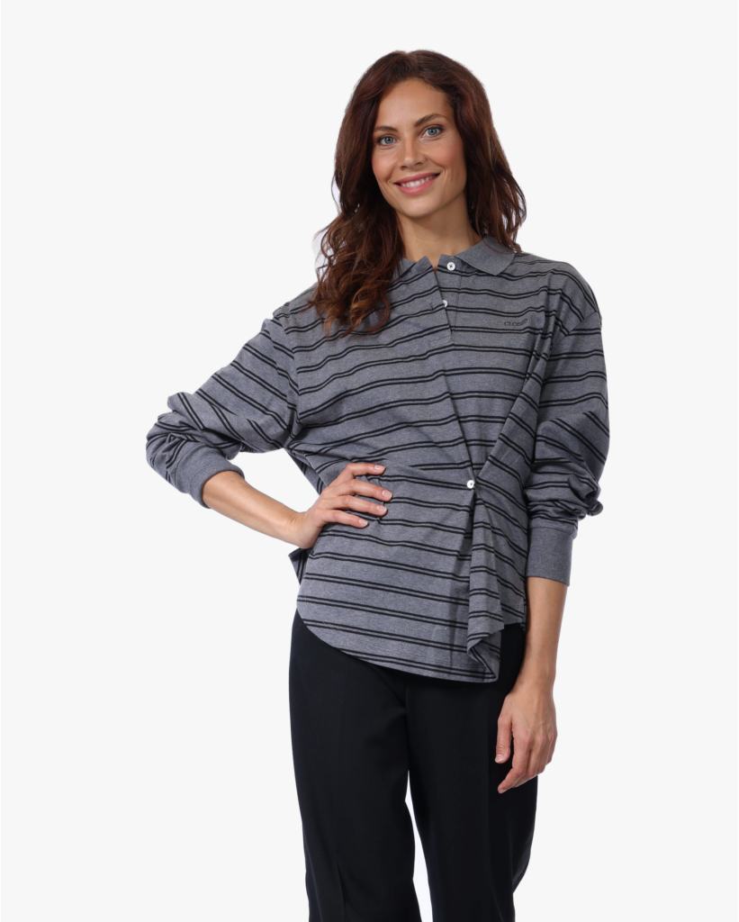 Gestreepte Polo met Knoopdetail Donkergrijs