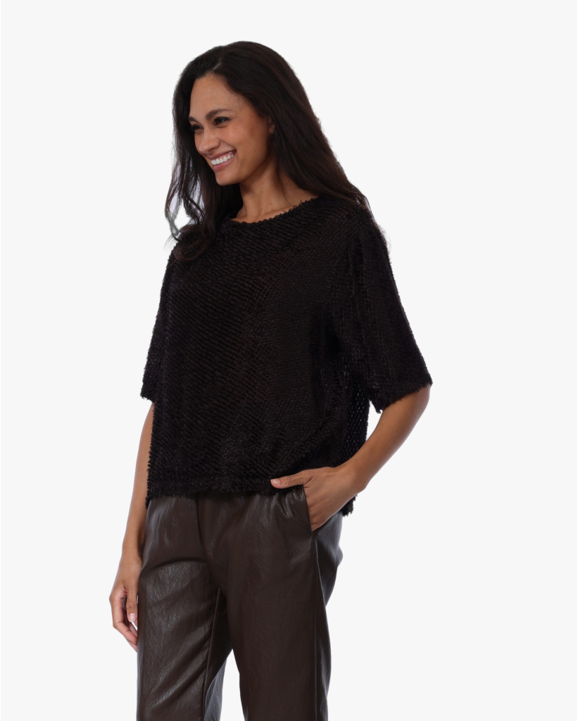 Sheer Blouse met Faux Fur Dark Espresso