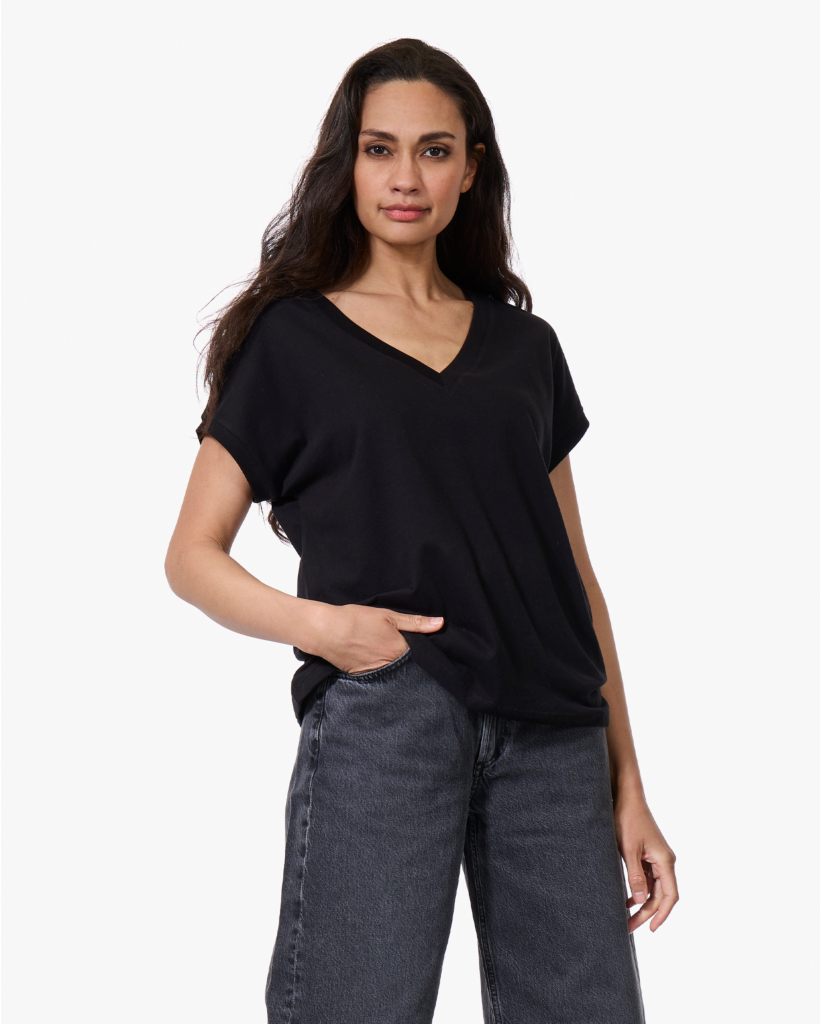 Katoenen V-hals T-shirt Zwart