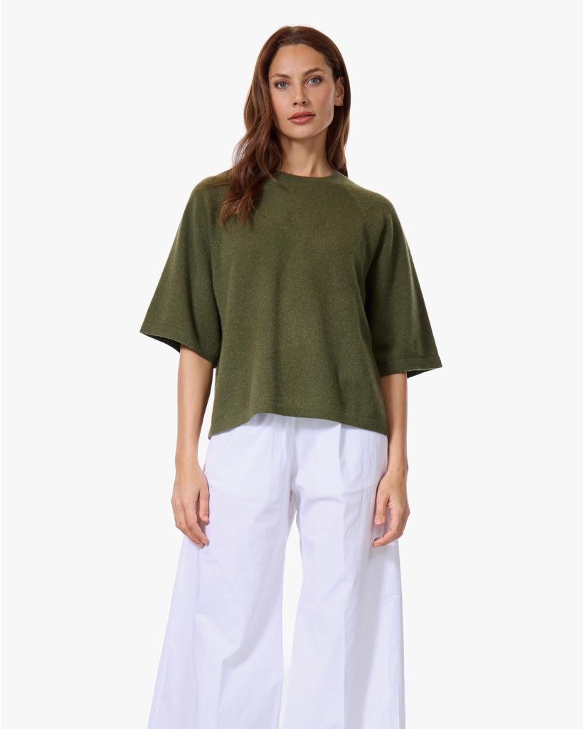 Leana Cashmere Korte Mouwen Trui Army