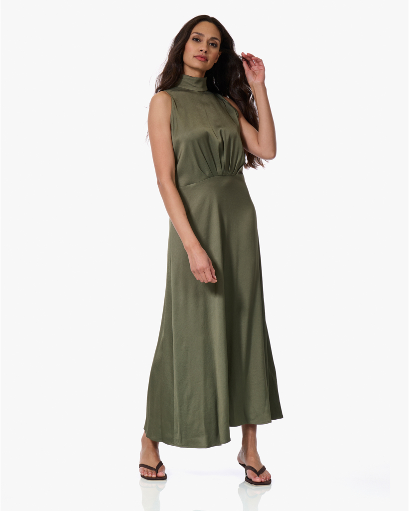 Amabel Satijnen Maxi Jurk Dusty Olive