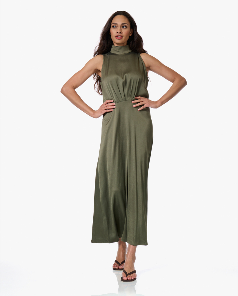 Amabel Satijnen Maxi Jurk Dusty Olive