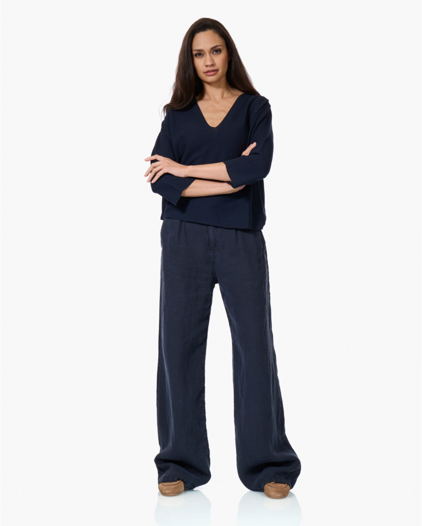 Katoenen Ribbelstreek V-hals Trui Dark Sapphire