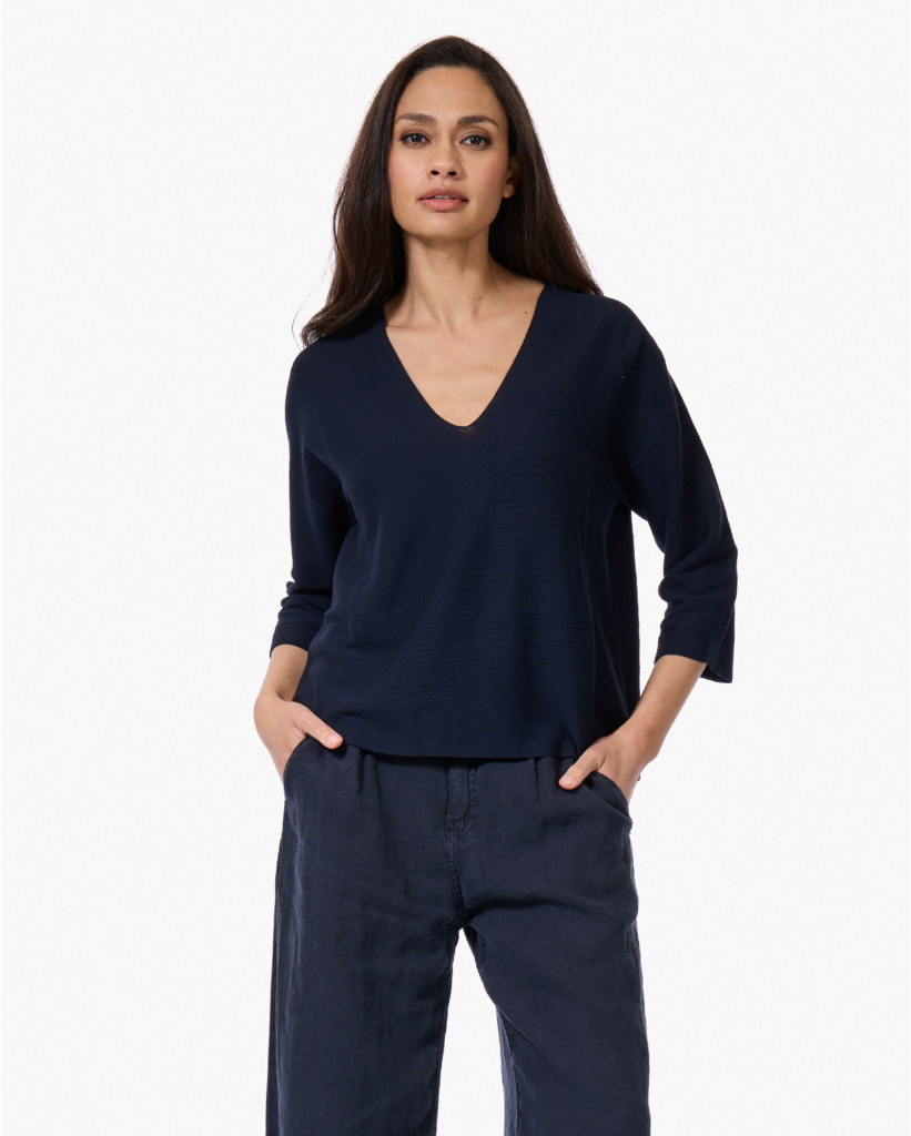 Katoenen Ribbelstreek V-hals Trui Dark Sapphire