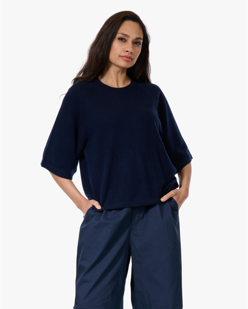 Leana Cashmere Korte Mouwen Trui Navy
