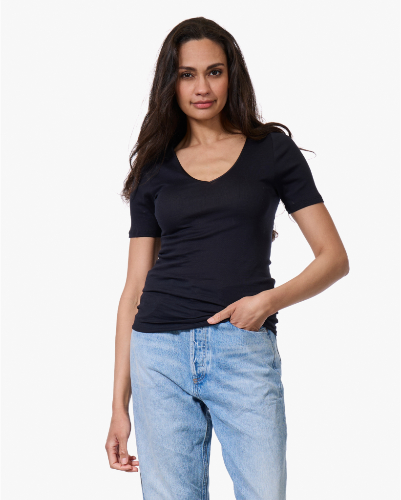 Cotton Seamless V-hals T-shirt Zwart