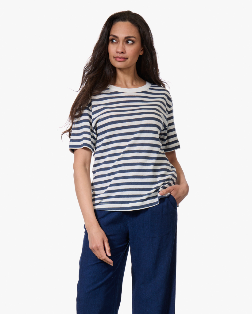 Gestreept Linnenmix T-shirt Marine