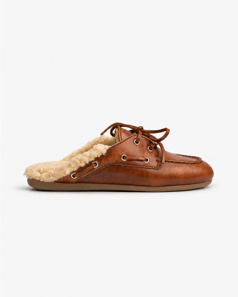 Boat Loafer Mule Fur Brushed Leather Brown