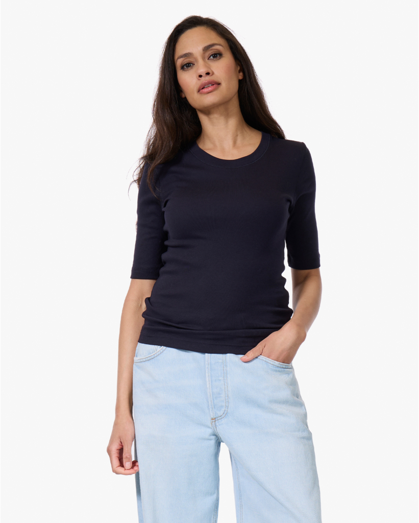 Rib T-shirt met Halflange Mouw Dark Night
