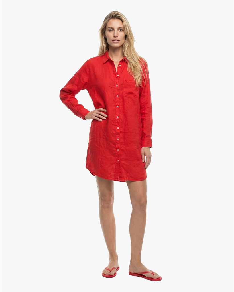Linnen Korte Blouse Jurk Rood