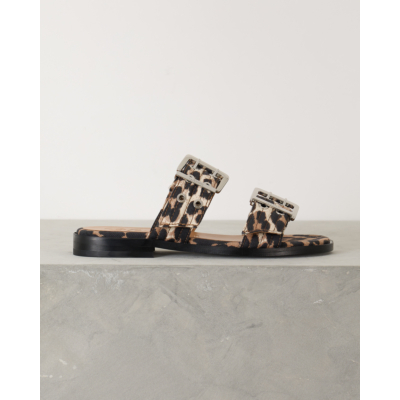 Ganni Leopard Denim Buckle Two-Strap Sandals