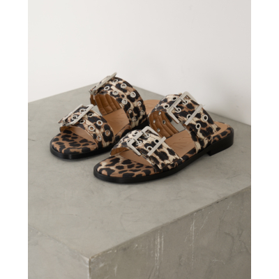 Ganni Leopard Denim Buckle Two-Strap Sandals