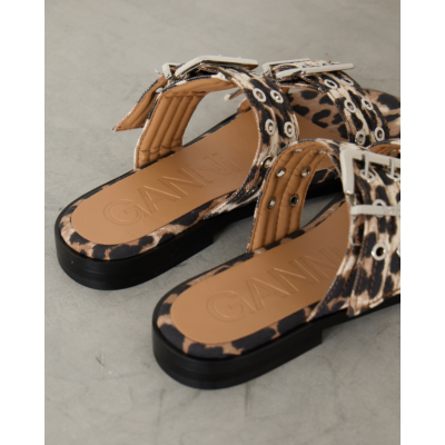 Ganni Leopard Denim Buckle Two-Strap Sandals