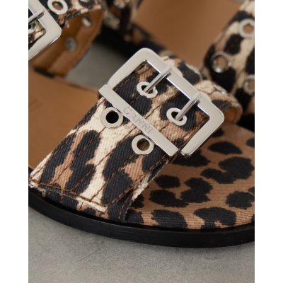 Ganni Leopard Denim Buckle Two-Strap Sandals