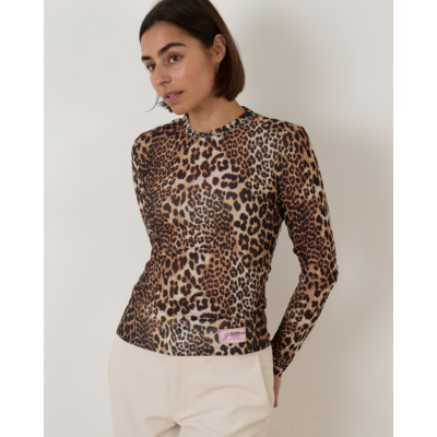 Ganni Leopard Mesh Long Sleeve Tee