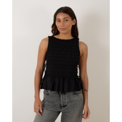 Ganni Black Cotton Smock Tie Top