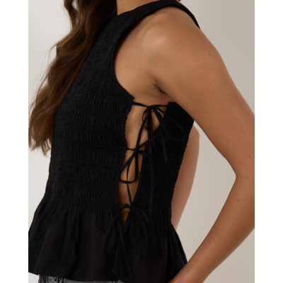 Ganni Black Cotton Smock Tie Top