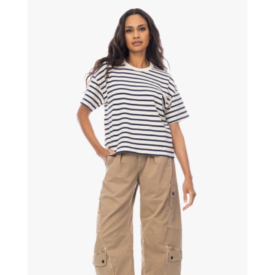 Xírena Romeo Boxy T-shirt Gestreept Navy Off-white