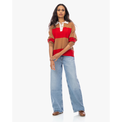 Xírena Braxton Wollen Polo Sweater Gestreept Rood Bruin