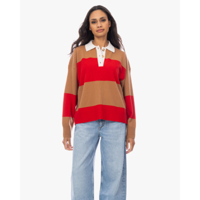 Xírena Braxton Wollen Polo Sweater Gestreept Rood Bruin
